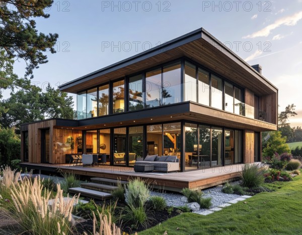 Modern Extension on a Traditional Cottage with Glass and Wood Architecture, green garden with plants and trees in the wilderness, evening soft twilight, on a clear sky, lights insight, AI generated