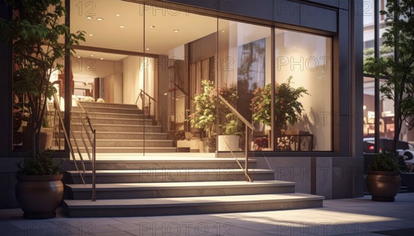 Modern building entrance with stairs, glass facade, and plants in warm evening light, empty storefront entrance with a gently stairs access, modern building with glass facade, blurred background, soft sunlight at evening, no people, AI generated