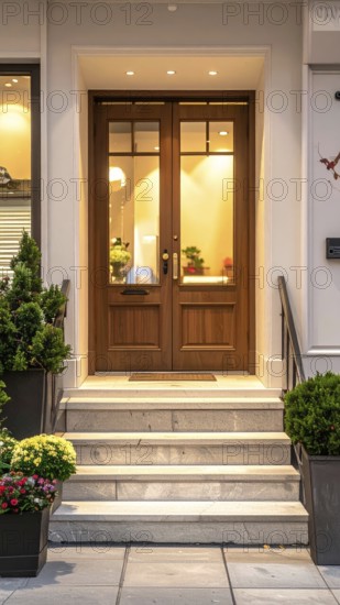 Modern building entrance with stairs, glass facade, and plants in warm evening light, empty storefront entrance with a gently stairs access, modern building with glass facade, blurred background, soft sunlight at evening, no people, AI generated