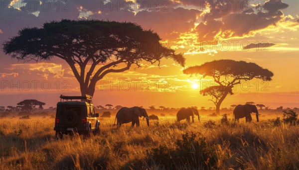 African savannah sunrise with a jeep safari and elephants, AI generated