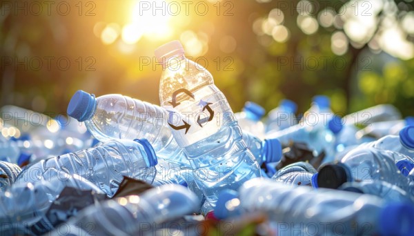 Crushed plastic water bottle waste in a wild landscape, symbol for nature protection, waste avoidance, recycling and ecology concepts on earth environment, AI generated