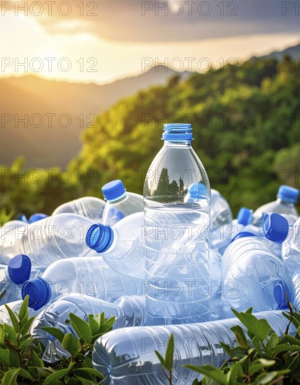 Crushed plastic water bottle waste in a wild landscape, symbol for nature protection, waste avoidance, recycling and ecology concepts on earth environment, AI generated