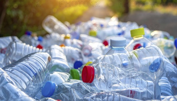 Crushed plastic water bottle waste in a wild landscape, symbol for nature protection, waste avoidance, recycling and ecology concepts on earth environment, AI generated