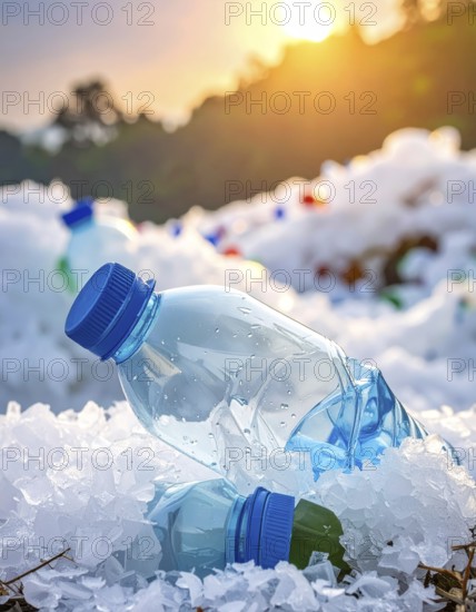 Crushed plastic water bottle waste in a wild landscape, symbol for nature protection, waste avoidance, recycling and ecology concepts on earth environment, AI generated