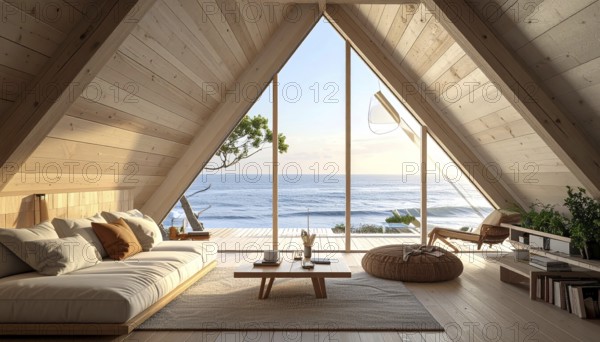 Peaceful A-frame cabin interior with ocean views, real estate lifestyle and travel destination, Comfortable minimalist sanctuary embraced by natural beauty and stunning coastal scenery, clear blue sky, AI generated