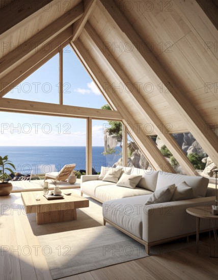Peaceful A-frame cabin interior with ocean views, real estate lifestyle and travel destination, Comfortable minimalist sanctuary embraced by natural beauty and stunning coastal scenery, clear blue sky, AI generated