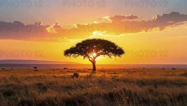 Single acacia tree in the savannah at sunset, solitude in the wild, dry grass in the foreground, yellow sky with colorful clouds, AI generated