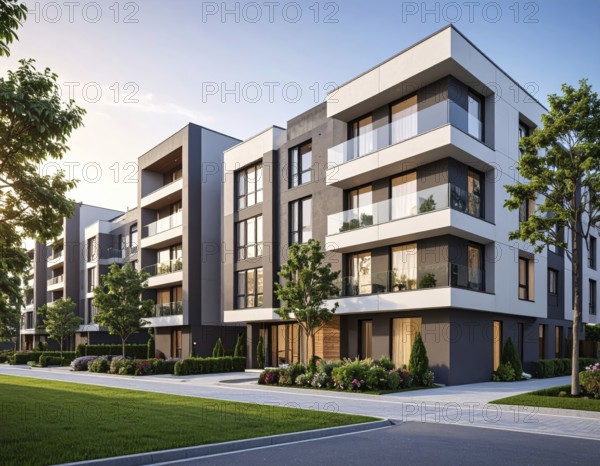 New modern block of flat, condo architecture, Residential apartment as a flat, luxury house complex, City real estate property, green garden plants in front, clear blue sky with golden evening light, AI generated