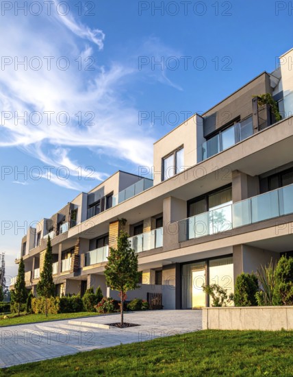 New modern block of flat, condo architecture, Residential apartment as a flat, luxury house complex, City real estate property, green garden plants in front, clear blue sky with golden evening light, AI generated