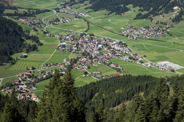 View from the Neunerköpflebahn of Tannheim and the Tannheimer Valley, Allgäu Alps, Tyrol, Austria