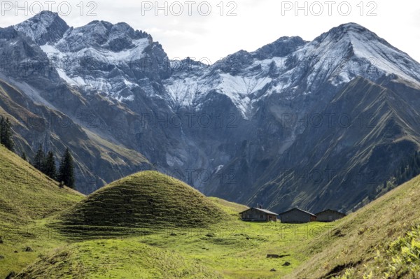 View of Hintere Einödsberg-Alpe, back mountains of the Allgäu Alps with Wilder Mann and Linkerskopf, Einödsbach, Oberstdorf, Oberallgäu, Allgäu, Bavaria Germany