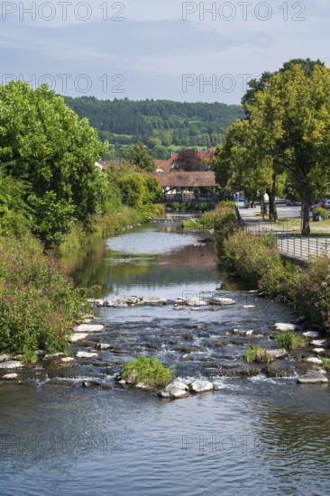 Landscape on the Kronach river, footbridge covered behind, hospital bridge, Kronach, Upper Franconia, Franconia, Bavaria, Germany