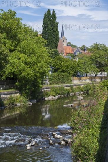 Landscape on the river Hasslach, behind the church of St. Johannes, Kronach, Upper Franconia, Franconia, Bavaria, Germany