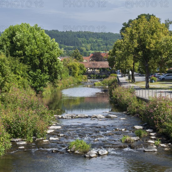Landscape on the Kronach river, footbridge covered behind, hospital bridge, Kronach, Upper Franconia, Franconia, Bavaria, Germany
