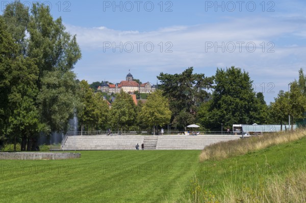 Park with view of Rosenberg Fortress, Landesgartenschau-Park, Kronach, Upper Franconia, Franconia, Bavaria, Germany