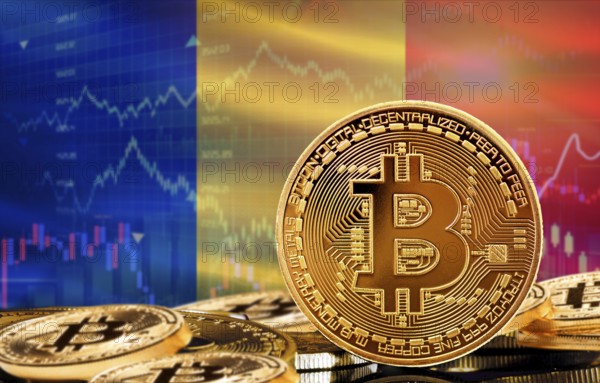 Investors in cryptocurrency and Blockchain Technology in Romania, Concept. Bitcoin with Romania flag in the background