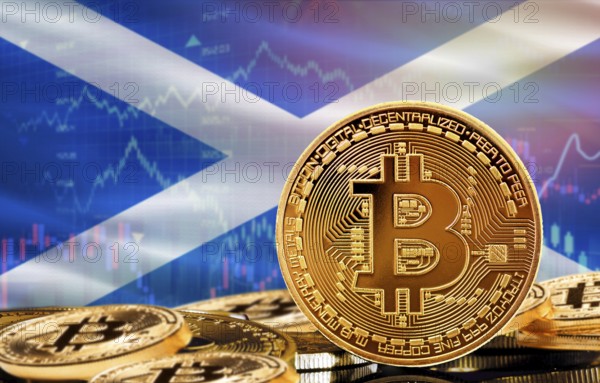Investors in cryptocurrency and Blockchain Technology in Scotland, Concept. Bitcoin with Scotland flag in the background