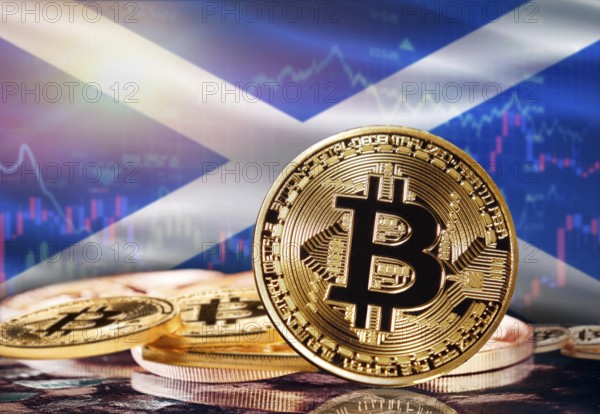 Bitcoin with Scotland flag in the background. Investors in cryptocurrency and Blockchain Technology in Scotland, Concept