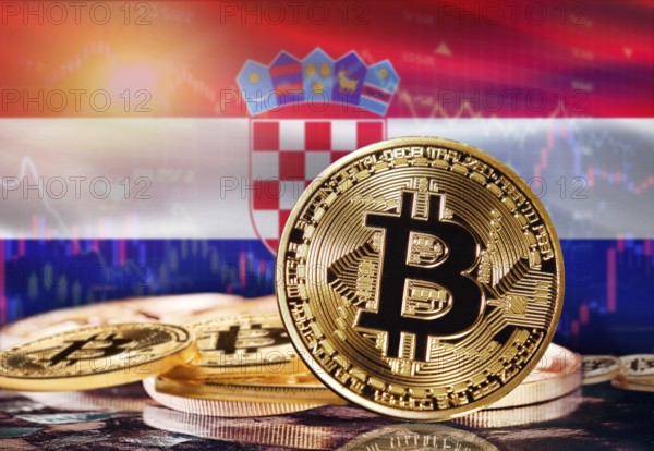 Bitcoin with Croatia flag in the background. Investors in cryptocurrency and Blockchain Technology in Croatia, Concept