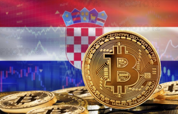 Investors in cryptocurrency and Blockchain Technology in Croatia, Concept. Bitcoin with Croatia flag in the background