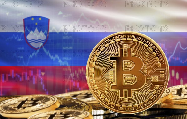 Investors in cryptocurrency and Blockchain Technology in Slovenia, Concept. Bitcoin with Slovenia flag in the background