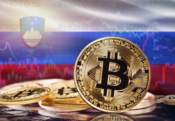 Bitcoin with Slovenia flag in the background. Investors in cryptocurrency and Blockchain Technology in Slovenia, Concept