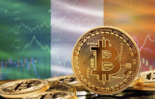 Investors in cryptocurrency and Blockchain Technology in Ireland, Concept. Bitcoin with Ireland flag in the background