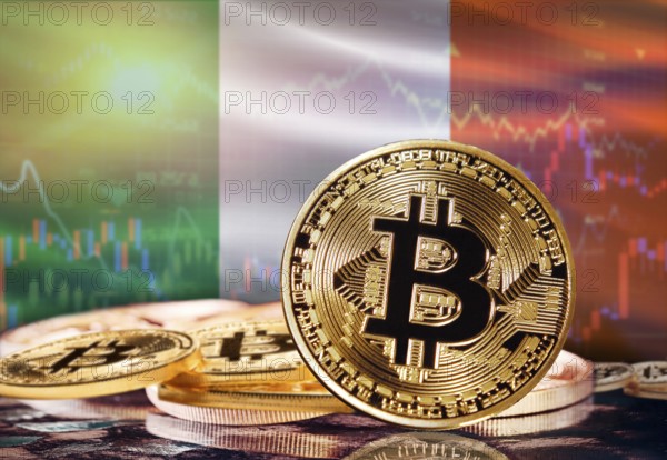 Bitcoin with Ireland flag in the background. Investors in cryptocurrency and Blockchain Technology in Ireland, Concept