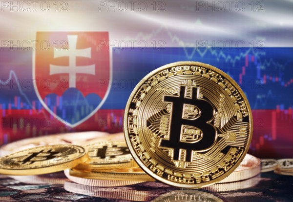 Bitcoin with Slovakia flag in the background. Investors in cryptocurrency and Blockchain Technology in Slovakia, Concept
