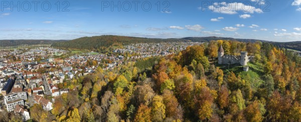 Aerial view, panorama of the ruins of Honburg Castle on the Honberg above the town of Tuttlingen, surrounded by autumn vegetation, Tuttlingen district, Black Forest, Baar, Heuberg, Baden-Württemberg, Germany