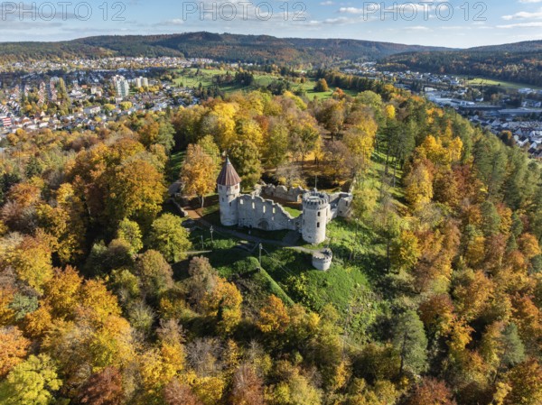 Aerial view of the ruins of Honburg Castle on the Honberg above the town of Tuttlingen, surrounded by autumn vegetation, Tuttlingen district, Black Forest, Baar, Heuberg, Baden-Württemberg, Germany