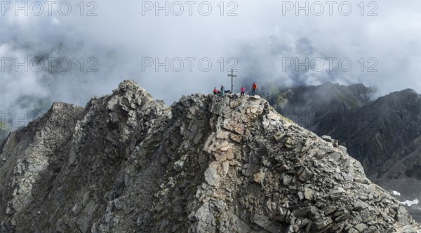 Hikers at the summit, aerial view, Lasörling summit, Lasörling Group, Hohe Tauern, East Tyrol, Austria