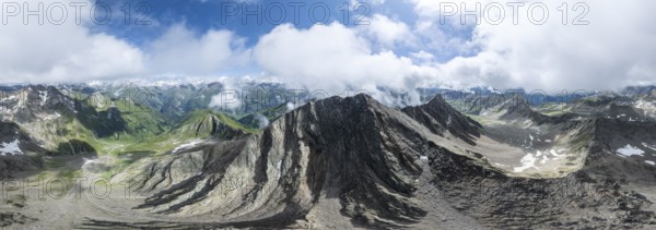 360° alpine panorama, aerial view, Lasörling summit, Lasörling Group, Hohe Tauern, East Tyrol, Austria