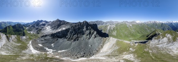 360° alpine panorama, aerial view with summit of Grossvenediger, Venediger Group and Lasörling Group, Hohe Tauern, Austria