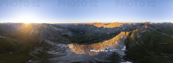 Sunrise 360° Alpine panorama, aerial view of Bachlenkenkopf, summit of the Großvenediger, Venediger Group and Lasörling Group, Hohe Tauern, Austria