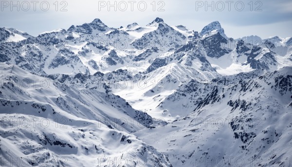 Mountain panorama with view of peaks of the Bernina Group, view from Piz Grialetsch in winter, Bündner Haute Route, Albula Alps, Rhaetian Alps, Grisons, Switzerland