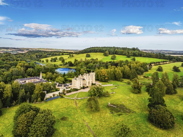Duns Castle Estate and garden from a dron, Duns, Berwickshire, Scotland, UK