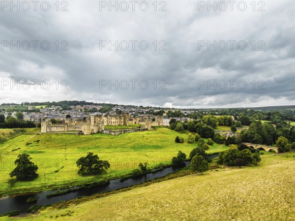 Alnwick Castle from a drone, Alnwick, Northumberland, England, United Kingdom