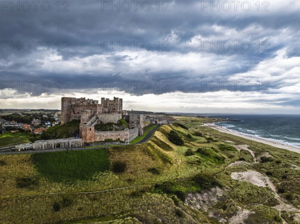 Bamburgh Castle from a drone, Northumberland, Northeast Coast, England, United Kingdom