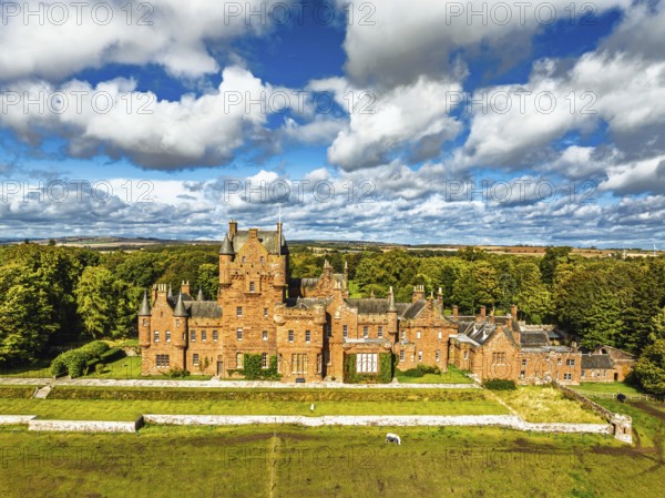 Ayton Castle from a drone, Ayton, Eyemouth, Scottish Borders, Scotland, UK