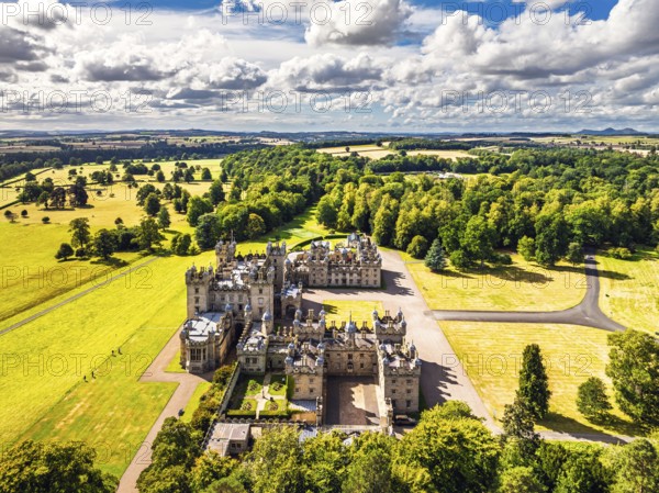 Floors Castle and garden from a drone, Duke of Roxburghe, Roxburghshire, Scotland, UK