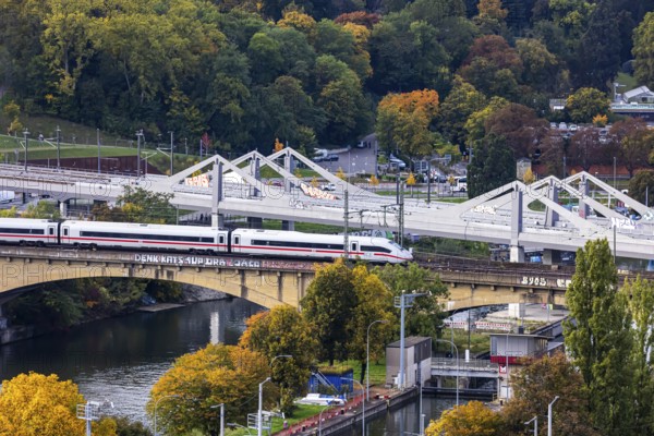 Bridges across the Neckar in Bad Cannstatt with Rosenstein Park. The ICE is still running on the old Rosenstreinbrücke. When the new main train station is completed, the trains will travel across the new Neckar bridge behind it. Stuttgart, Baden-Württemberg, Germany