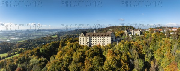 Aerial view, panorama of Heiligenberg Castle, a Renaissance-style palace complex, Tübingen administrative district, Lake Constance, Linzgau, Baden-Württemberg, Germany
