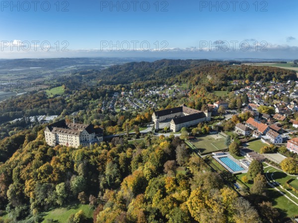 Aerial view of Heiligenberg Castle, a Renaissance-style palace complex, Tübingen administrative district, Lake Constance, Linzgau, Baden-Württemberg, Germany