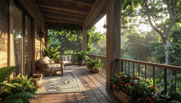 An eco-friendly porch designed for sustainable living in an environmentally-conscious home, lush greenery, landscape bathed in warm sunlight, AI generated