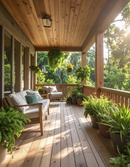 An eco-friendly porch designed for sustainable living in an environmentally-conscious home, lush greenery, landscape bathed in warm sunlight, AI generated