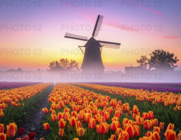 Fog covered landscape in sunrise with tulip fields and windmill in background, AI generated
