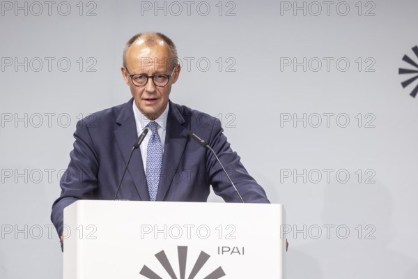 Federal Chancellor Friedrich Merz (CDU) . Portrait at the lectern with free text space. ground-breaking ceremony ceremony for the Artificial Intelligence Innovation Park (IPAI) . Heilbronn, Baden-Württemberg, Germany