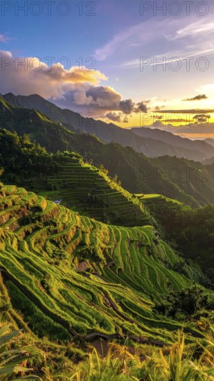 Early morning light bathes Philippines rice terraces cascading down mountain slopes, beautiful golden light, AI generated