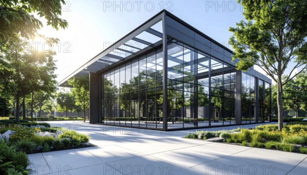 Modern architectural framework with glass and steel structure, glass facade with a greed of steel arrows, blue sky with a soft golden light of a sunrise, AI generated
